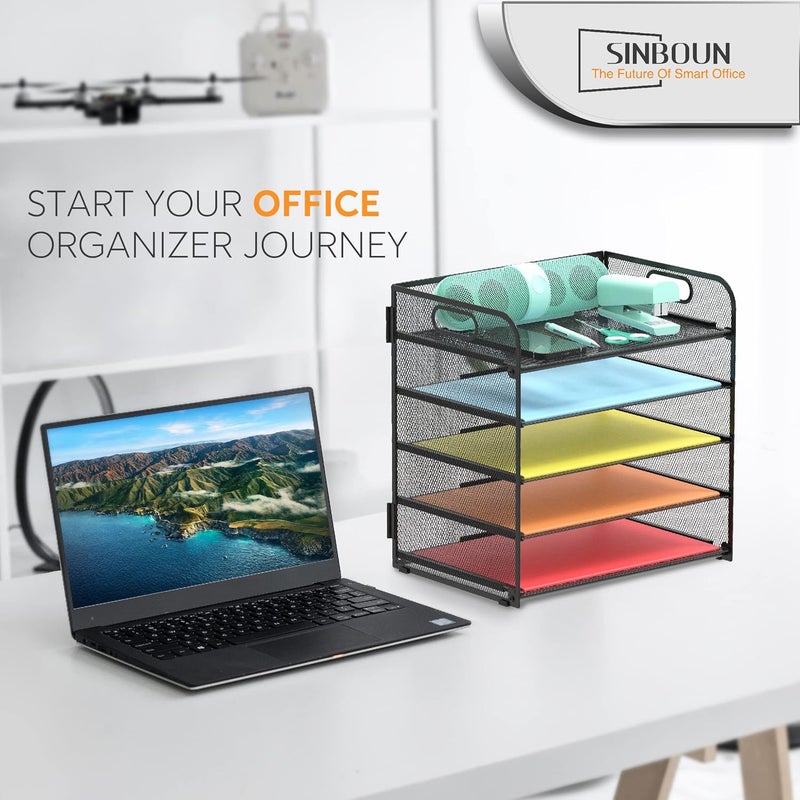 Sinboun Letter Tray Paper Organizer 5-Tier Desk Organizer File Organizer Paper Holder with Handle, Metal Desktop Document Shelf Tray Office Classroom Organization - Black - Image 5